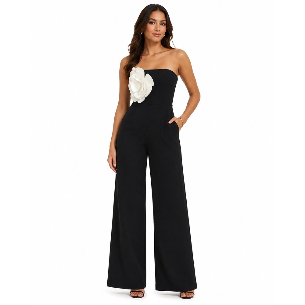 Black Strapless 3D Flower Applique Wide Leg Jumpsuit | Large